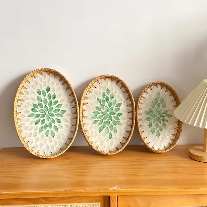 Handwoven Rattan Oval Tray with Shell Mosaic Inlay, Decorative Serving Tray for Coffee, Tea, Snacks, Bathroom Vanity Organizer