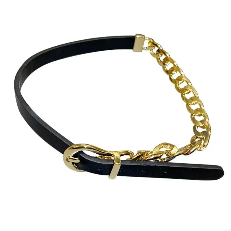 

N5KB Adjustable Golden Chain Leather Choker Necklace Fashion Design Necklace Bracelet for Wedding Anniversary Party