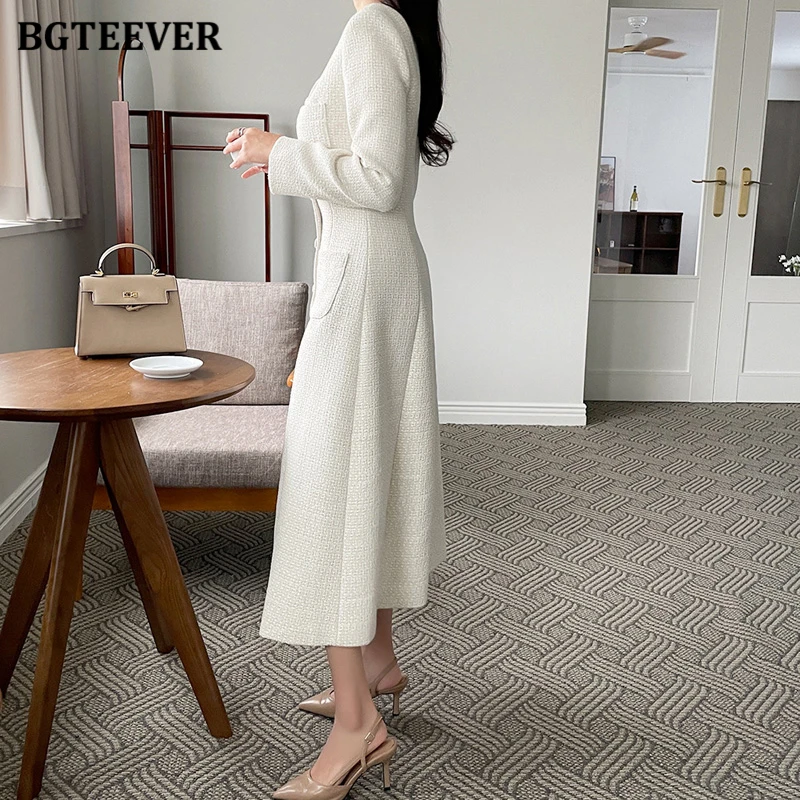 BGTEEVER Elegant O-neck Slim Waist Female A-line Dress Long Sleeve Pockets Single-breasted Women Dress Autumn Vestidos