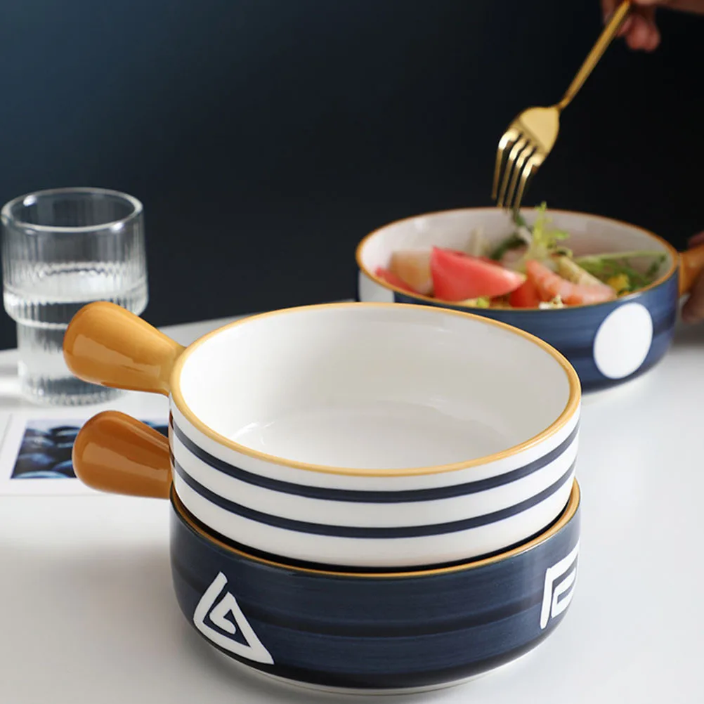 

Ceramic Baking Bowl with Handle Multi-Use Round Soup Noodle Dessert Salad Fruit Rice Bowl for Kitchen Tableware Serving