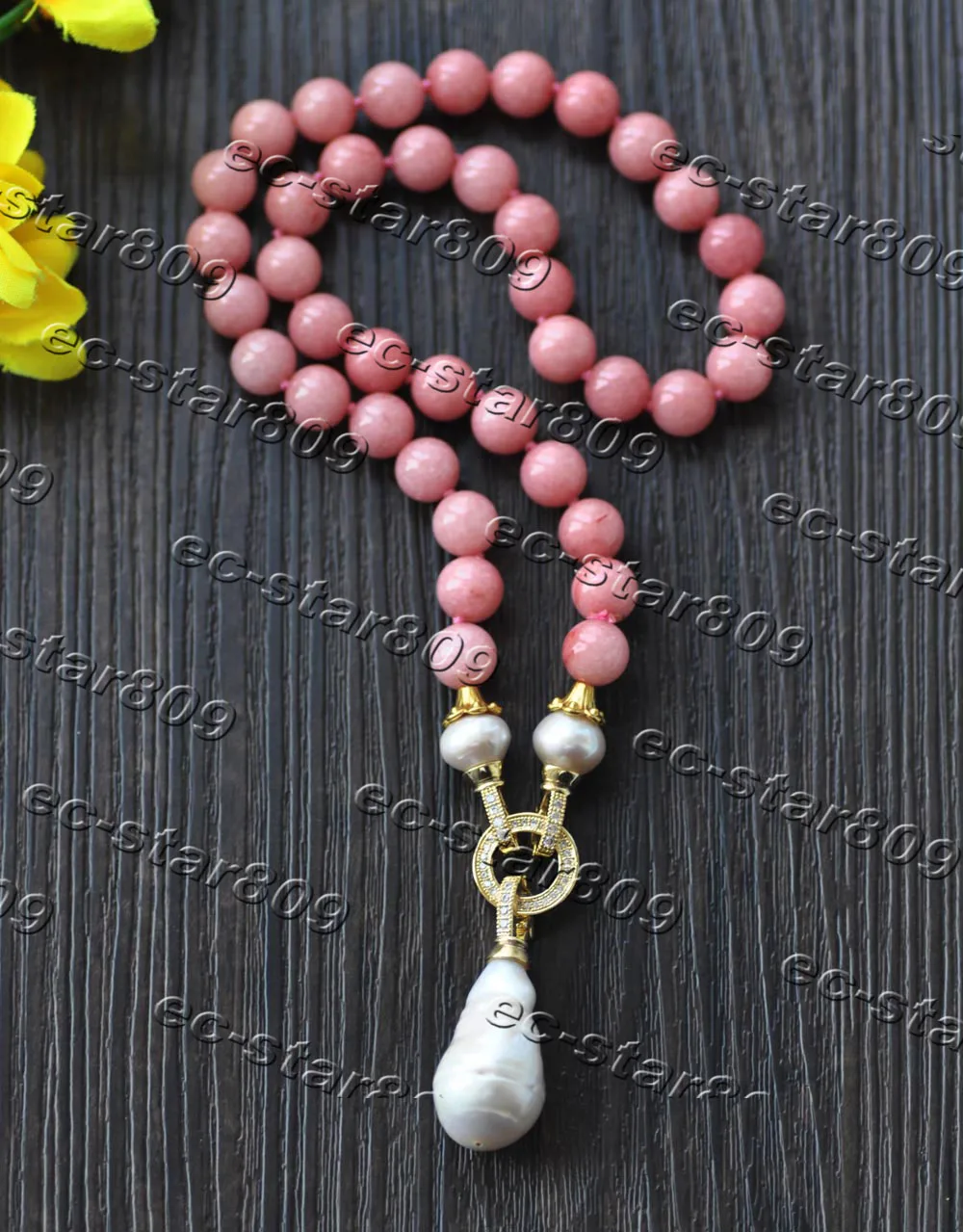 

MCT·STAR Z11322 19" 25mm Pink Round Jade Chalcedony Necklace White Keshi Pearl Pendant CZ