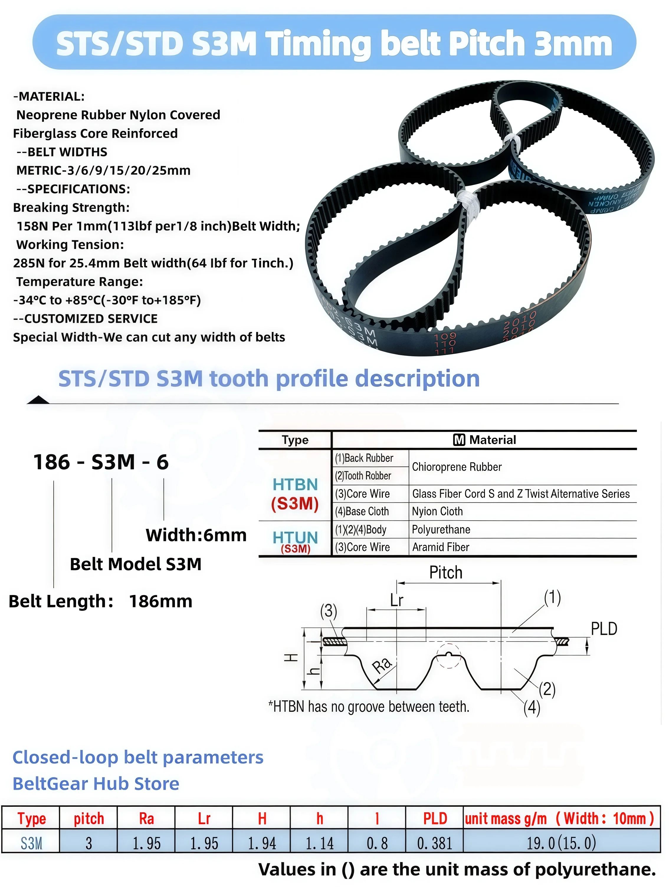 S3M Timing Belt Pitch 3mm Width 6/10/12/15/20/25mm Length 186-243mm Closed Loop Synchronous Belt for 3D Printer CNC Machine