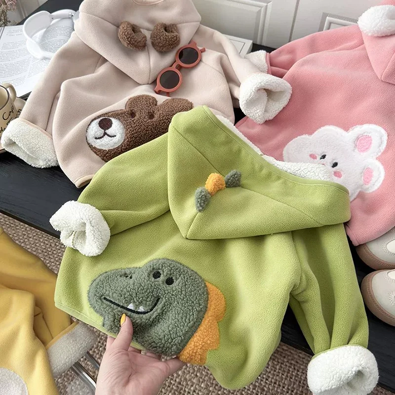 Cute Rabbit Dinosaur Boys Girls Jacket Autumn Winter Warm Fleece Hooded Baby Coat Children Christmas Outerwear 1 2 3 4 5 6 Years