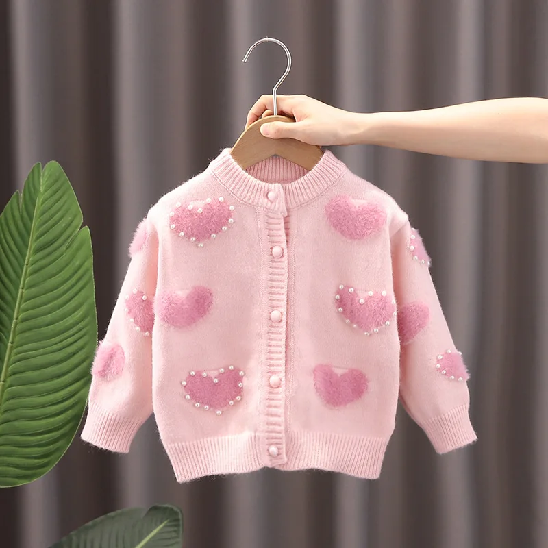 2023 Autumn Girls Sweaters Sweet Pink Knitted Cardigans Korean Princess Sweater Outerwear Long Sleeve Casual Baby Girl Clothes