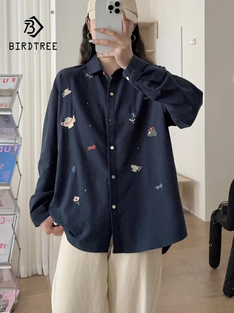 New 2026 Autumn Women Cotton Long Sleeve Brushed Shirt, Turn-down Collar Embroidery, Mori Girl OL Korean Loose Blouse T67526CC