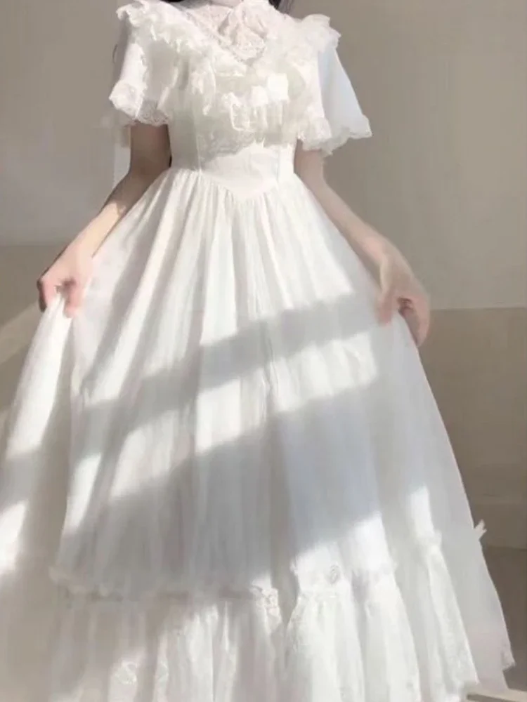Elegante pizzo vintage bianco abiti Lolita estate dolce abito con maniche a sbuffo per le donne 2025 nuova vita sottile abiti di media lunghezza Mujer