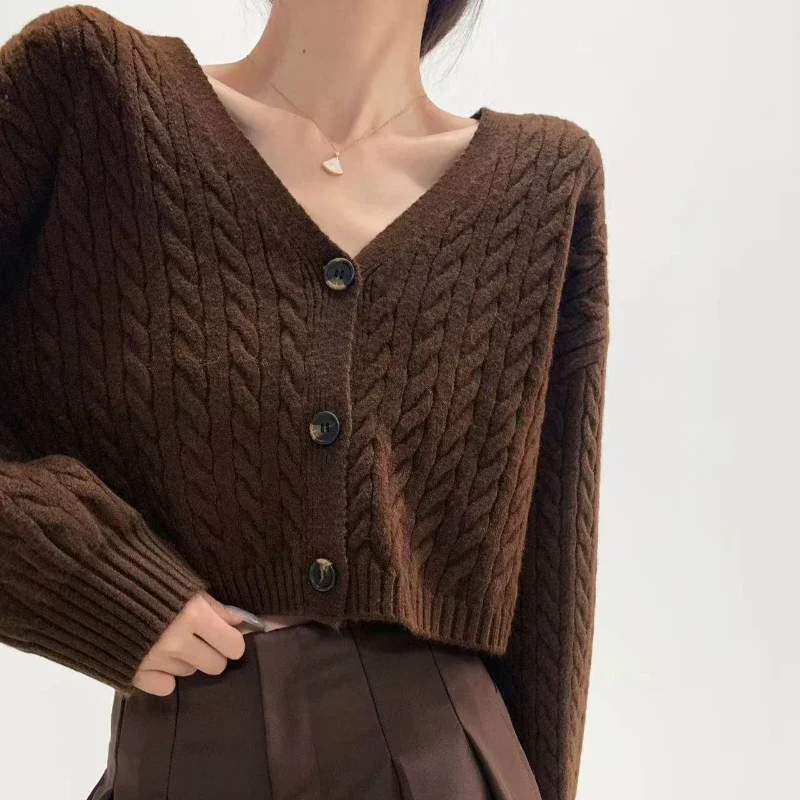 

Zjaiss 2025 однотонный вязаный свитер с длинными рукавами, женский тонкий кардиган с ленивым темпераментом и v-образным вырезом, однобортные укороченные топы