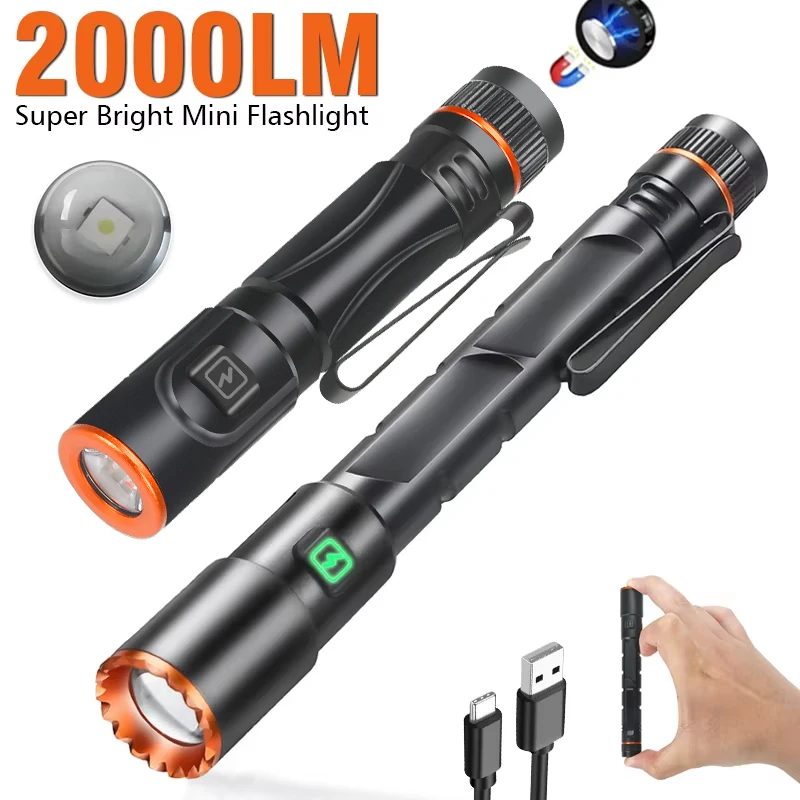 Mini Laser LED Flashlight Built-in Rechargeable Battery Zoom Torch With Pen Clip Light Magnet Work Light Outdoor Camping Fishing