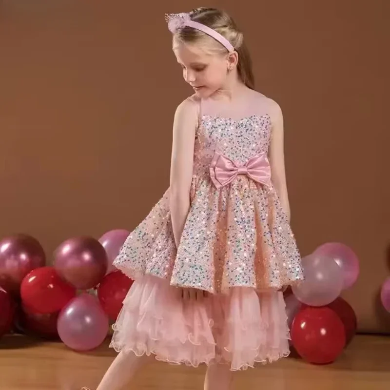 Pink Girls Sparkling Sequined Princess Dresses Puffy Gown for BirthdayFlower Kid Events Elegance Piano Performance Hosting Dress