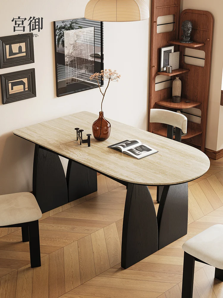 Black Solid Wood Oval Household Dining Table Minimalist French Retro