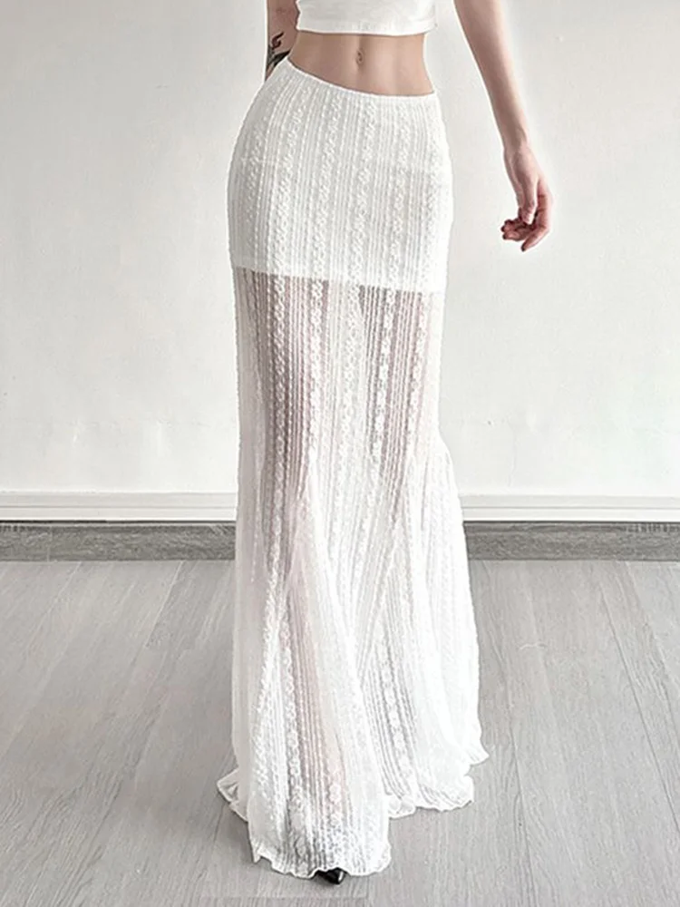 Sexy See Through Lace Long Skirts Women Ocean Holiday Sweet Mermaid Skirt Vintage French Slim High Waist Lady Elegant Long Skirt