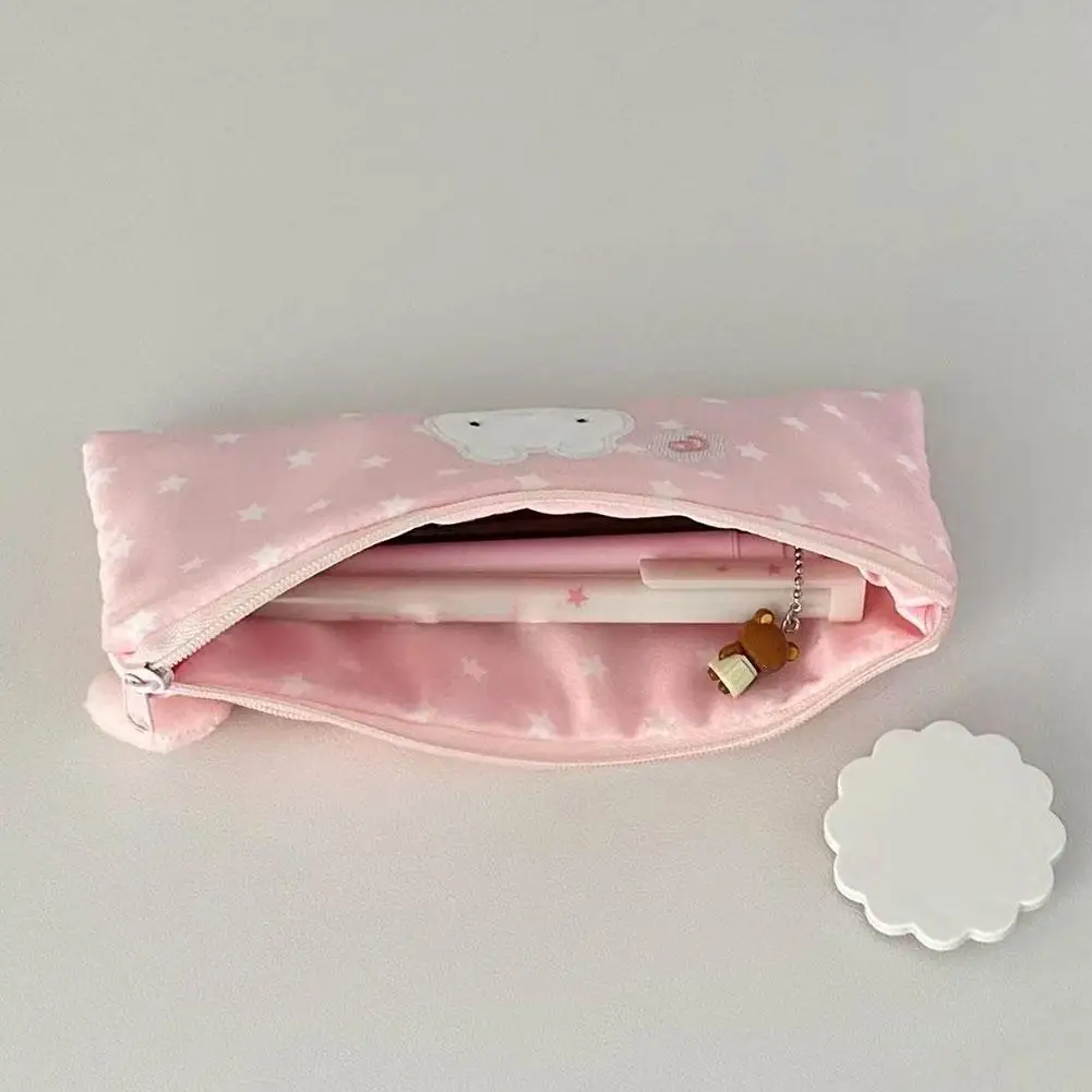 Pink Pen Bag Cute Cartoon Star Rabbit Pattern Plush Large Capacity Pencil Case Zipper Design Stationery Storing Bag Students