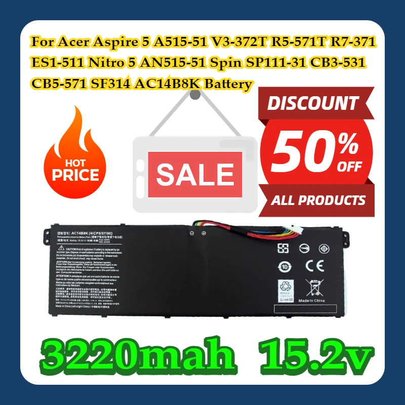 

For Acer Aspire 5 A515-51 V3-372T R5-571T R7-371 ES1-511 Nitro 5 AN515-51 Spin SP111-31 CB3-531 CB5-571 SF314 AC14B8K Battery