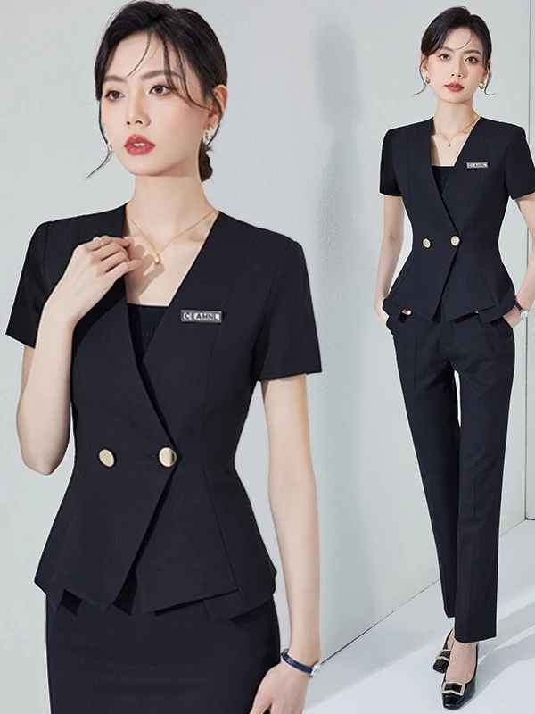 

Black Short Sleeve Suit Jacket Women's Summer New Beauty Salon Work Uniform Front Desk Reception Professional Suit Set