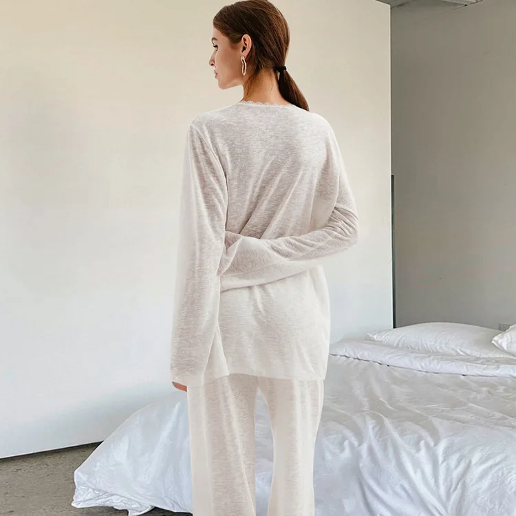 Women's Summer Pajama Set Thin Strap Long Sleeve Knitted Sweater Slightly Sheer Cool Casual Loungewear L Size Two Pieces Cozy