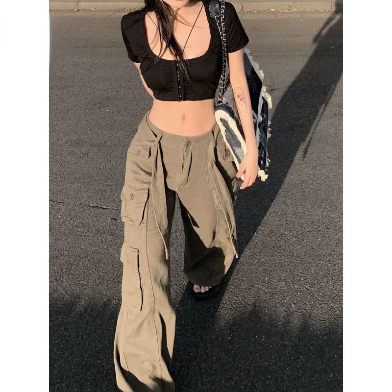 

Vintage Aesthetics High Waist Cargo Pants Women Fashion 90s Y2K Streetwear Baggy Casual Wide Leg Straight Trousers Overalls Q658