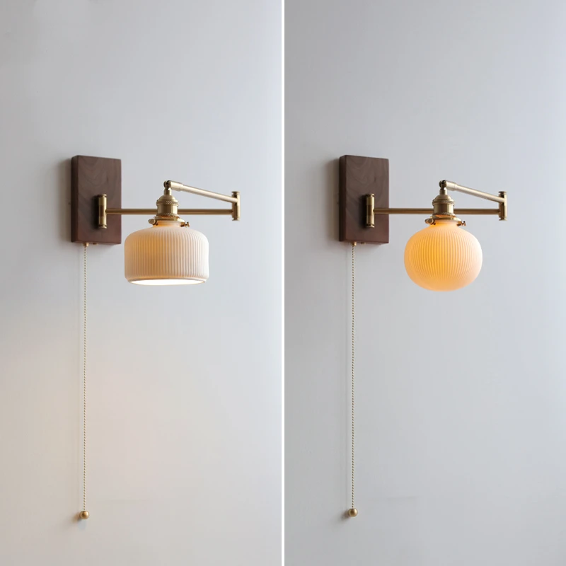 IWHD Pull Chain Switch LED Wall Lamp Beside Bedroom Living Room Light Arm Left Right Totate Wood Canopy Applique Murale Sconce