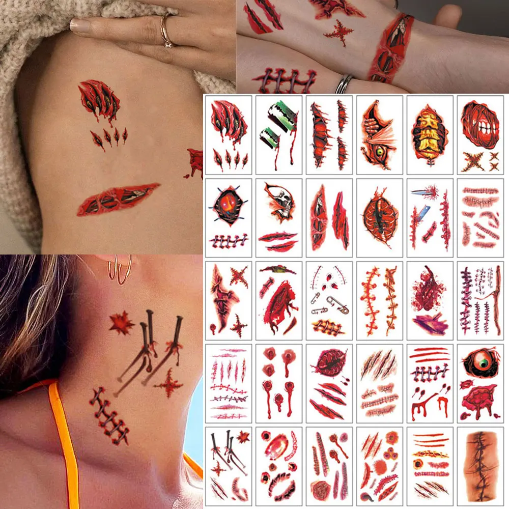 30pcs Halloween Waterproof Scars Fake Tattoos for Face Body Scary Temporary Tattoos for Women Men Horror DIY Face Makeup Tattoo