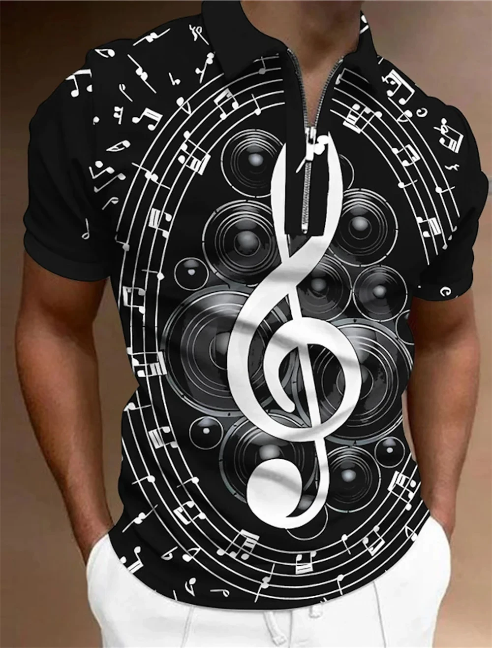 Men T-Shirt Zip Polo Men\'s Tops Golf Graphic Prints Music Notes Light Short Sleeves Zipper Print Clothing Apparel Fashion Casual