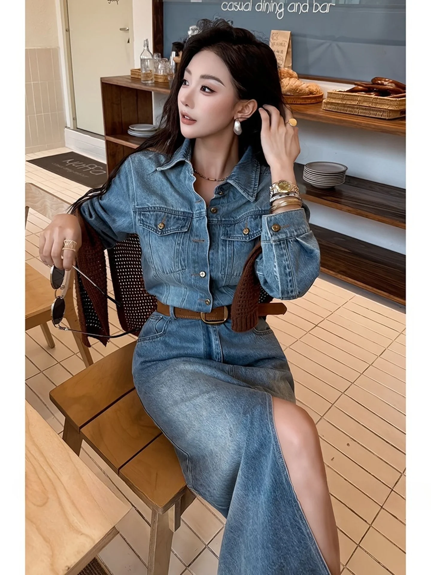 Bleu col décontracté Dr femmes taille haute a-ligne jupe Polyester fibre longue Sve automne Faion Street Sle