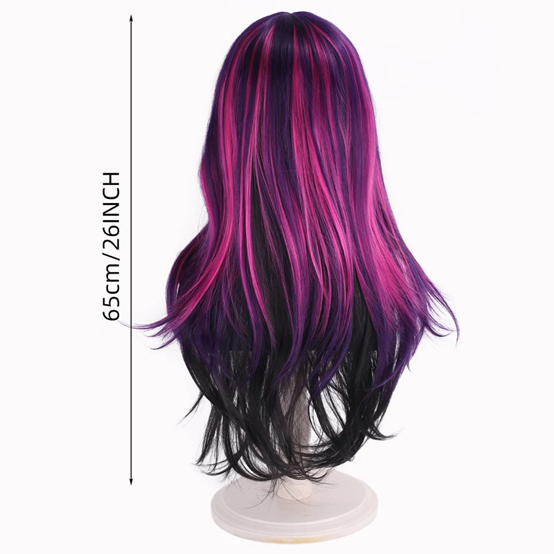 Cosplay wig with purple gradient pony headgear, anime long curly hair