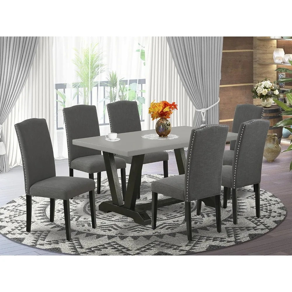 V-Style 7 Piece Room Set Consist of a Rectangle Kitchen Table with V-Legs and 6 Dark Gotham Linen Fabric Parson Dining Chairs,