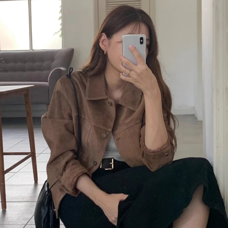 Jaqueta fena estilo retrô americano, manga crida, roupa de trabalho, ajuste solto, bolso duplo, gola virada para baixo...