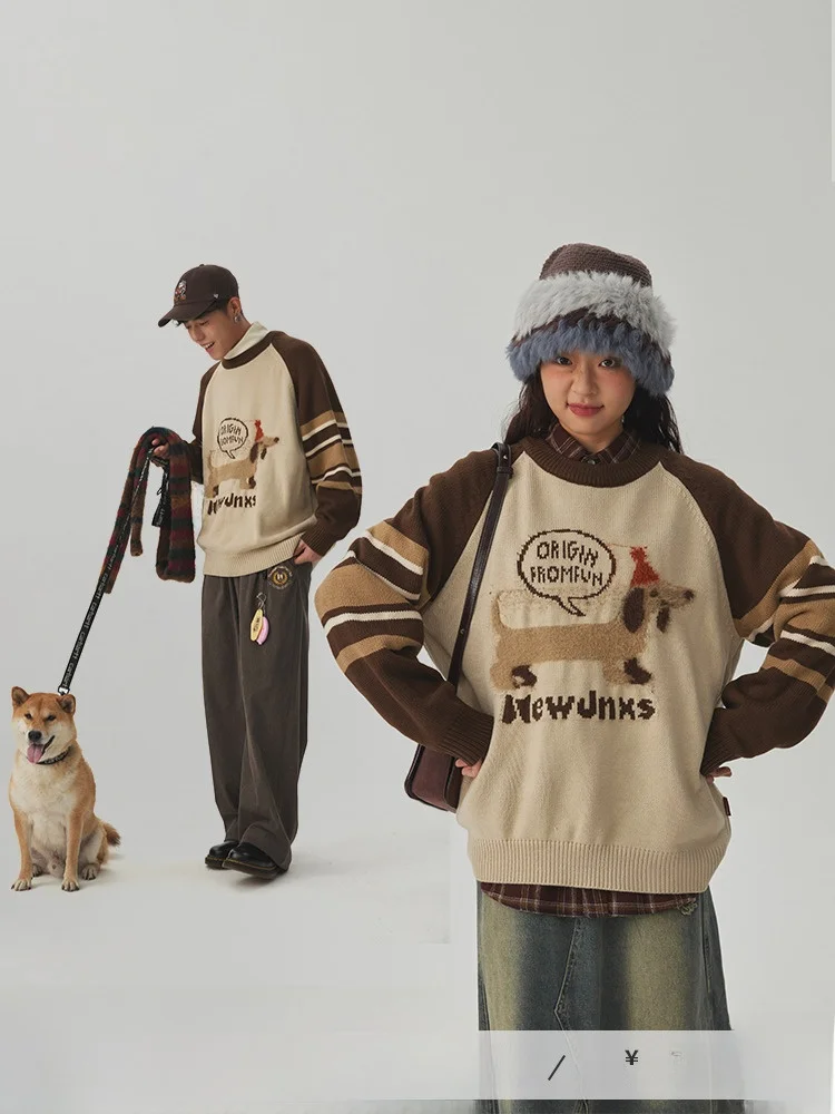 

NewJNXS American Retro Sausage Dog Embroidered Color Blo Loose Knitted Sweater ex Autumn Trendy round Ne Long Sve Top