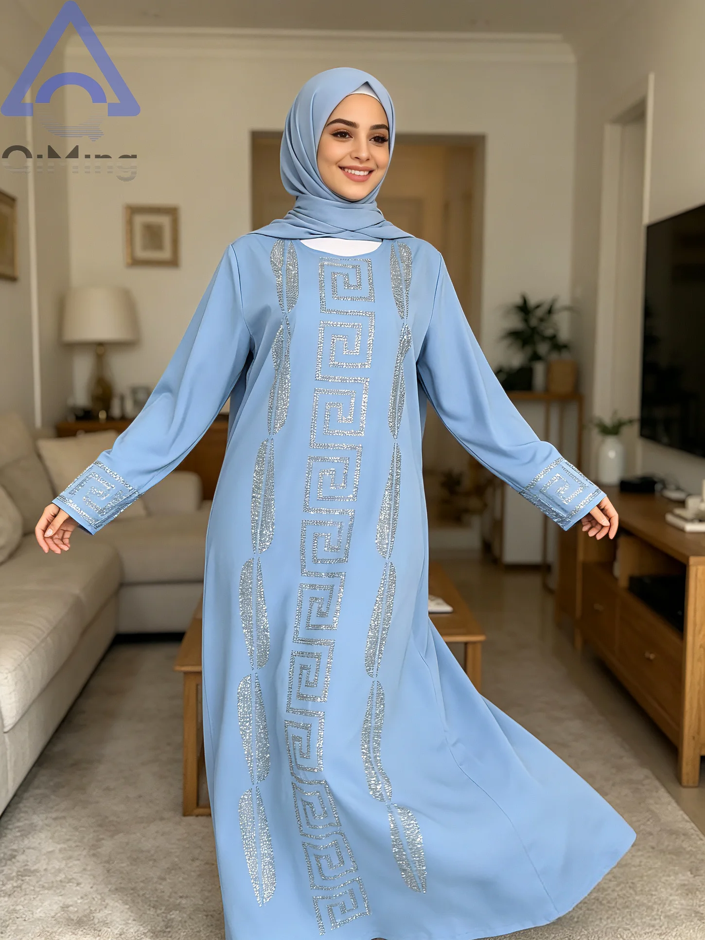 

Woman Cheap Elegant Abaya Strass 2 Piece African Traditional Muslim Diamond Dresses Dubai Plus Size Marocain Jalabiya Blue Robe