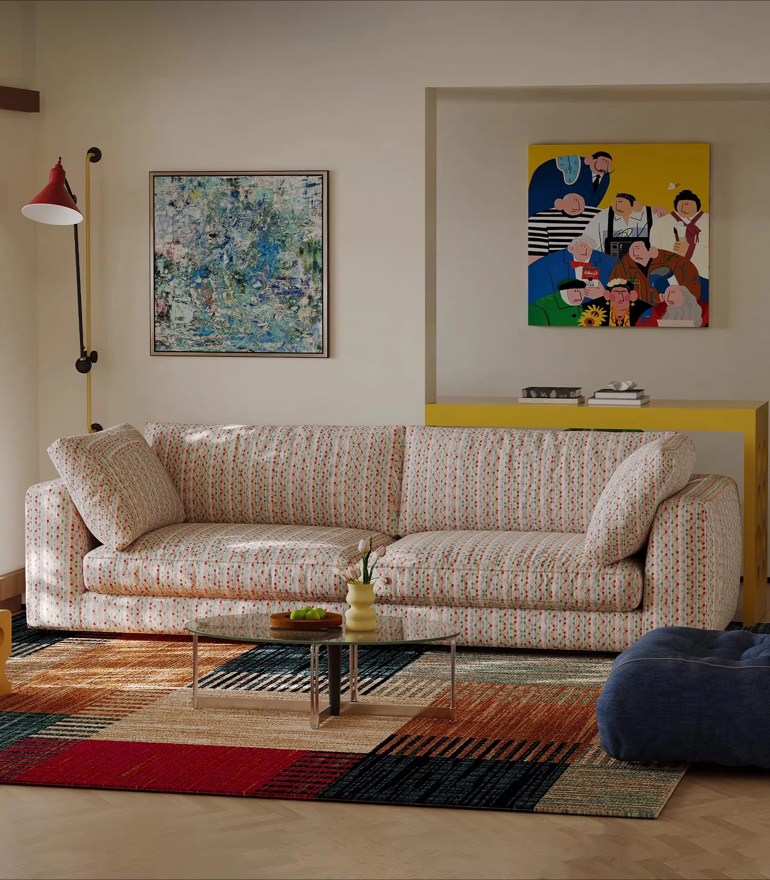 

Wabi Sand Wind Rhine Sofa Removable and Washable Fabric Down Size Apartment Living Room Straight Row Dopamine Sofa Designer