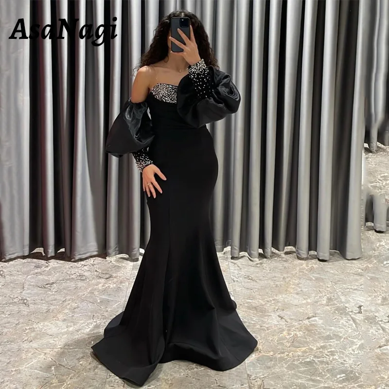 

AsaNagi Black Mermaid Prom Gowns Sexy Off Shoulder Sparkling Beaded Party Evening Gown Floor Length Special Occasion Dress 2025