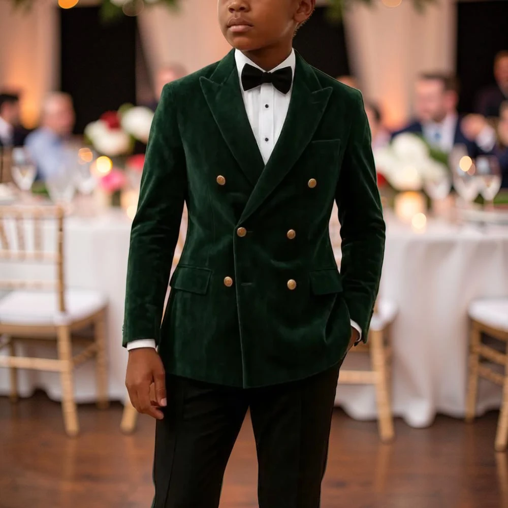 Velvet Child Suits Slim Fit 2 Pieces Double Breasted Boys Wedding Tuxedo Mix Match Gold Buttons Page Baptism Dinner Wear Custom