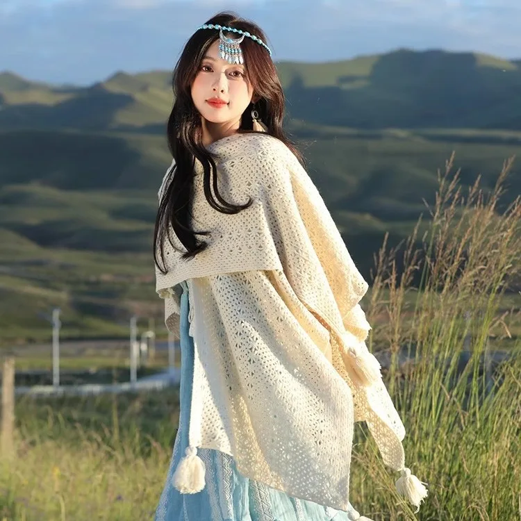 Cape Vintage Ethnic Vacation Style Knitted Tassel Scarf Cardigan Women's Cloak Thin Style Small Shawl Tassel Outer Lace poncho P