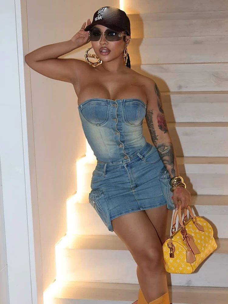 Insglas Vintage คลาสสิก 2 ชิ้นชุดผู้หญิง Distressed Denim Frock กระเป๋ารัดตัวเสื้อ + ผอมพีชสะโพกกระโปรง Midnight Street ชุด