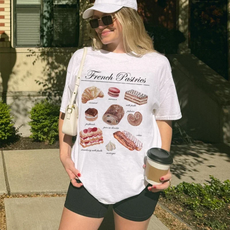 

French Pastries Graphic Tees Cotton Women Vintage Boho T-Shirt Cute Loose Baking T Shirt Aesthetic Foodie Shirt Desserts Lover