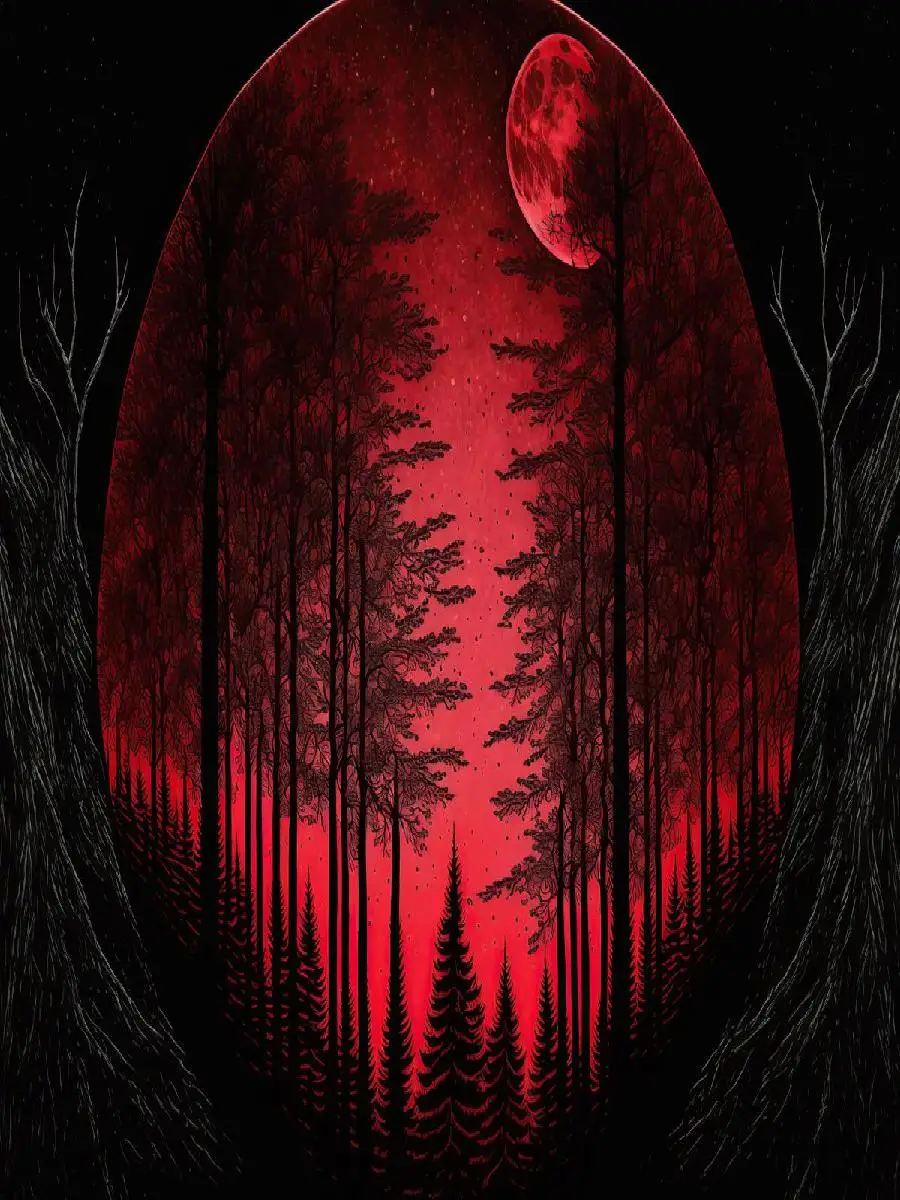 Japanese  Asian Passion Collection  Enigmatic Red Moon Forest Dark Wall Poster Print for Home Decor