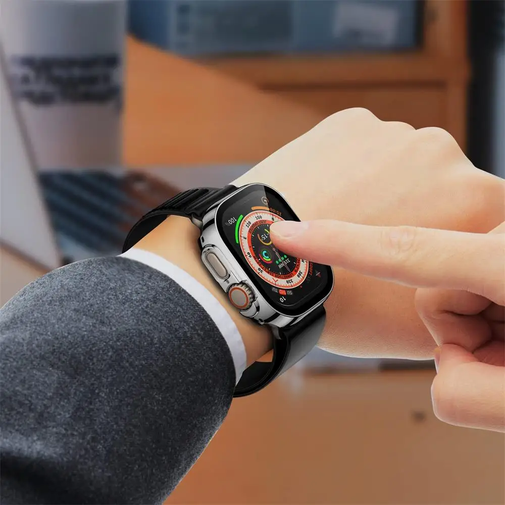 Displayschutzfolie für Apple Watch Case Ultra 2 3 49 mm, Zubehör, gerade Kante, schützende PC-Stoßstange + iWatch-Abdeckung aus gehärtetem Glas
