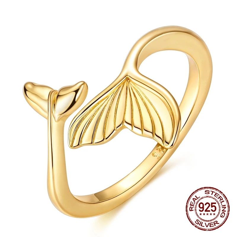 Classic Fashion 925 Sterling Silver Golden Fish Tail Women Open Ring Cool Punk High Quality Wedding Jewelry for Party Gifts