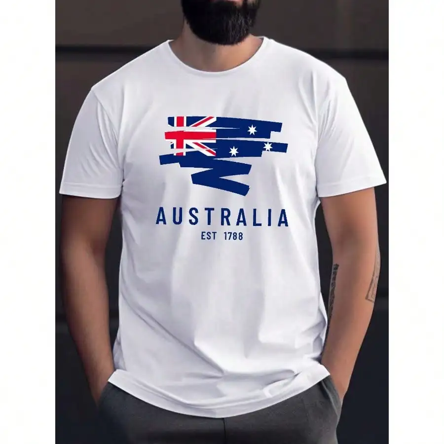 

Men'S Australia 1788 Graphic T-Shirt - Casual Black Crew Neck Tee With Flag Design, Short Sleeve Summer Shirt For Adults