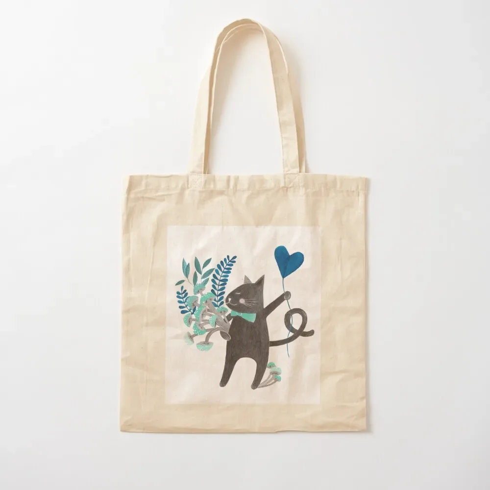 black cat with mushrooms and heart watercolor illustration Tote Bag eco pack Women's tote bag bags luxury women