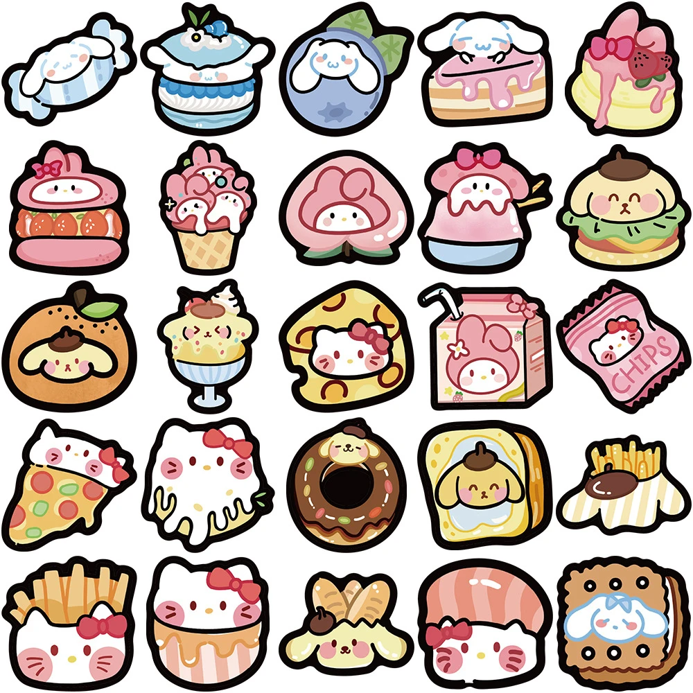 10/30/50 Uds. Pegatinas de dibujos animados Sanrio de comida divertida y bonita, pegatinas estéticas de Hello Kitty Kuromi My Melody, pegatinas de Anime Kawaii para niños, juguetes