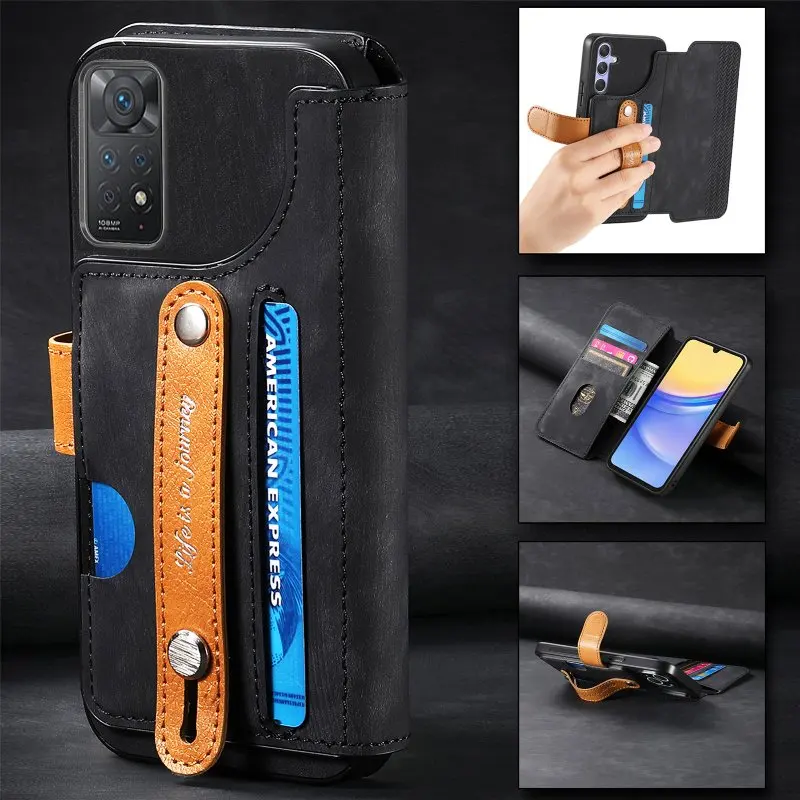 

Magnetic Flip Wallet Card Case Phone Cover For Xiaomi Redmi Note 10S 10 Pro 9 Pro Max 9S 8 Pro K70e K60 K50 K40 With Wristband