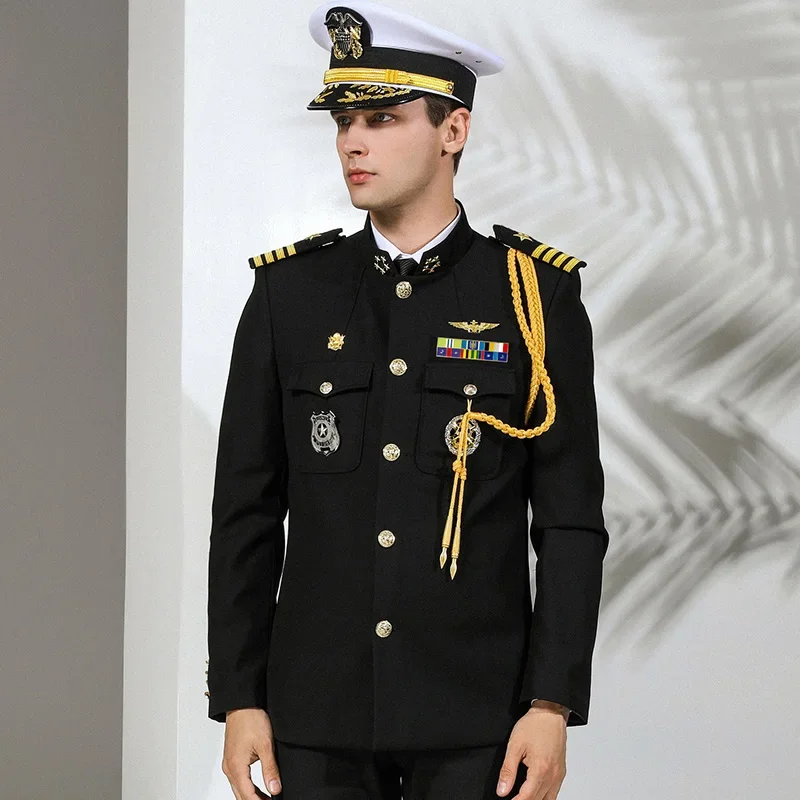 US Navy Admiral Captain Army Officer Uniform Mandarin Collar Jacket Pants Ribbon Acceessories Flight Attendant Men Pilot Costume