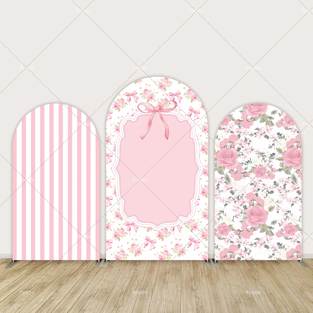 

Flowers Bow Baby Shower Arch Backdrop Cover White and Pink Stripes Arched Wall Party Supplies Birthday Banner Background