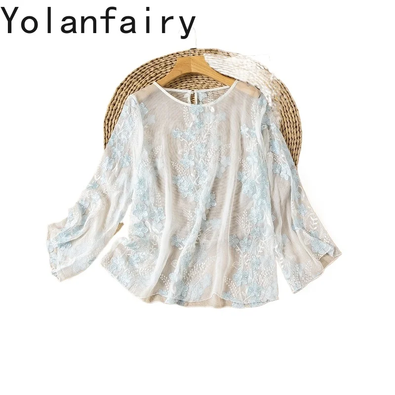 

YOLANFAIRY 100% натуральные шелковые рубашки из тутового шелкопряда для женщин, элегантные вышитые солнцезащитные пуловеры-футболки, женская одежда, блузки