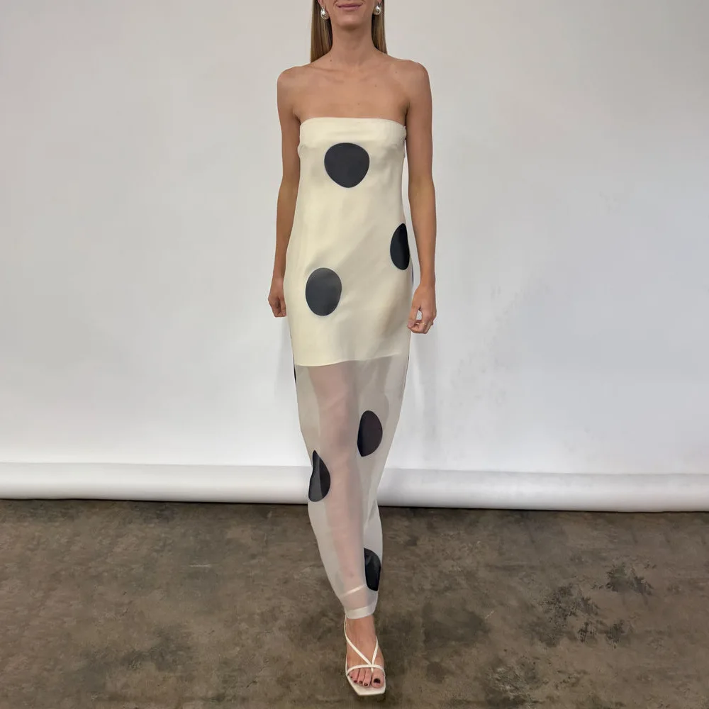 Polka dot impresso dupla camada feminina maxi vestido sexy ver através de malha vestido de verão magro elegante festa vestido de noite