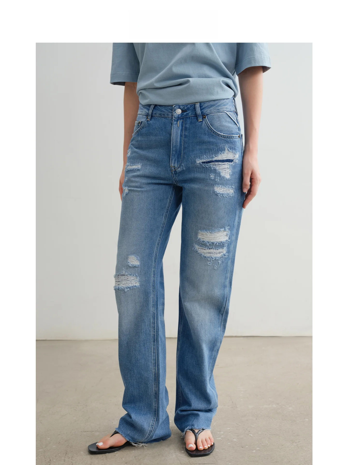 

EREMIN Color Block Washed Straight Leg Jeans Cuffed Hem Hole Punching Cotton Denim Ladies Casual Trousers Spring Autumn
