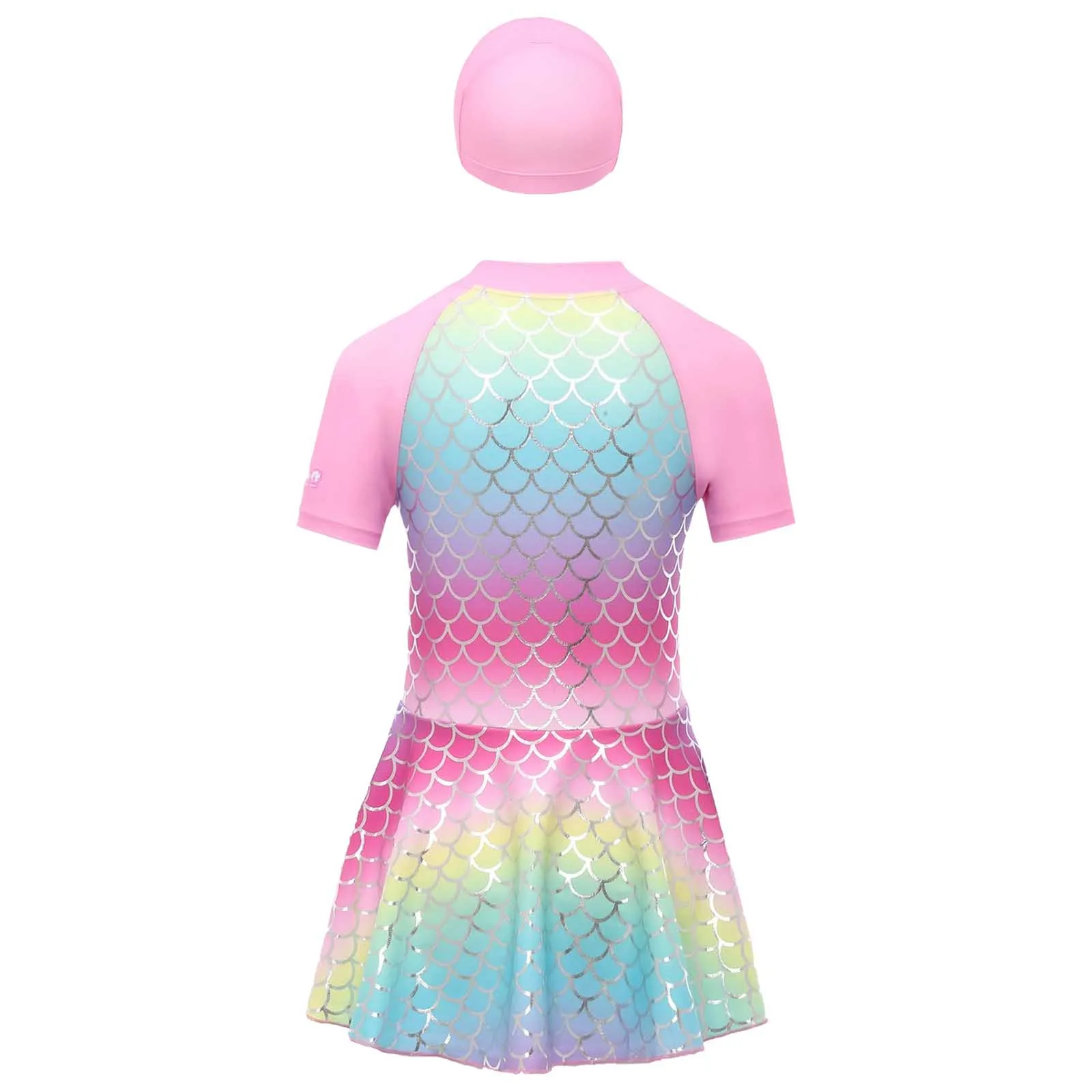Mädchen-Badeanzug im Meerjungfrau-Stil, kurze Ärmel, Bodykleid mit Hut, glitzernder Farbverlauf, Fischschuppen-Druck, Badebekleidung, Strand-Sonnenschutz-Anzug