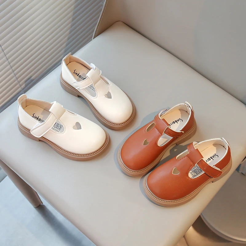 

2026 Girls Princess Leather Spring Autumn New Shoes Toddlers Baby Kids Flats T-strap Cut-outs Heart Hollow-Out Cute Sweet Soft