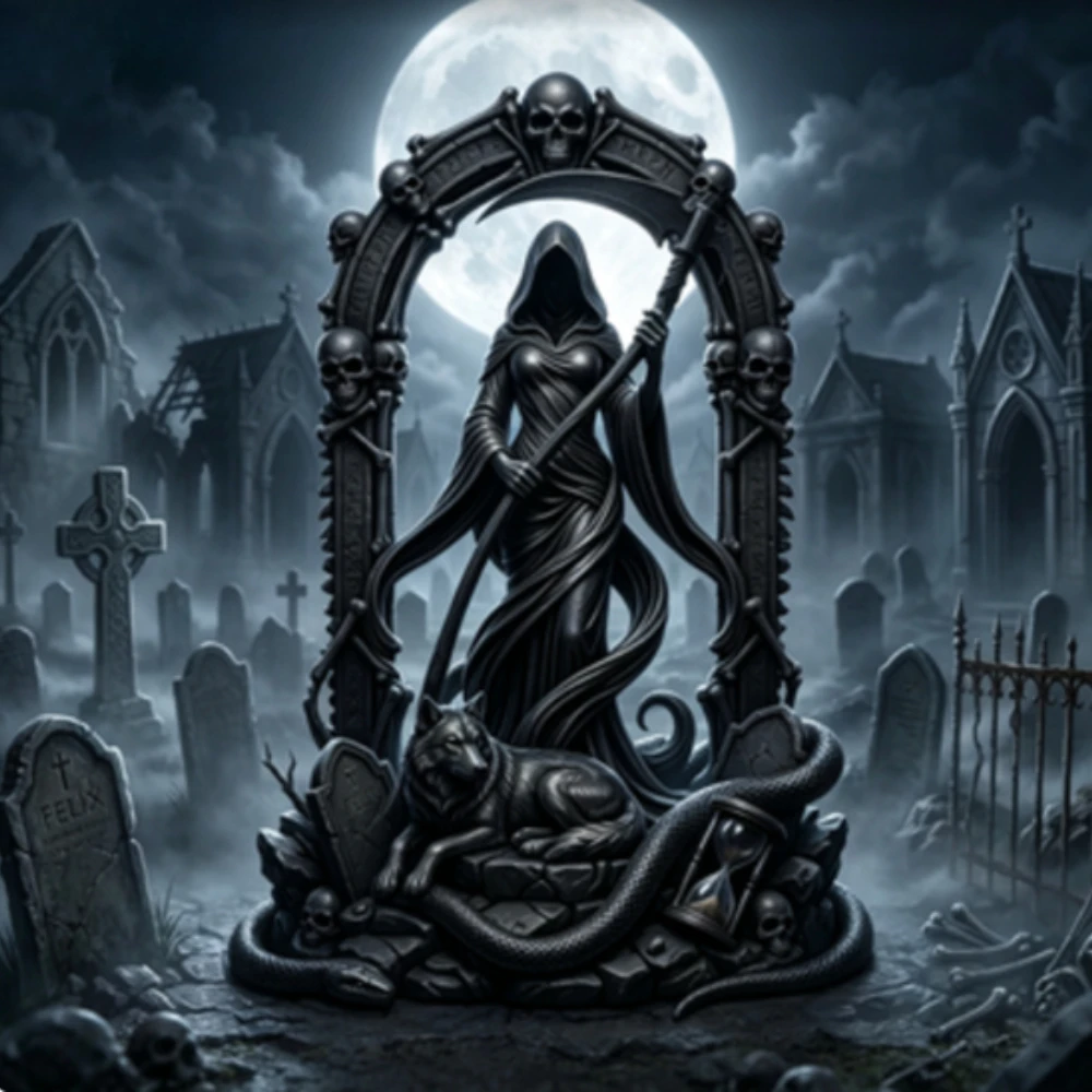 Gothic Arch Female Grim Reaper Statues 3D Print Arch Skull Sculpture Wolf Snake Desk Ornaments Halloween Altar Decor Collectible